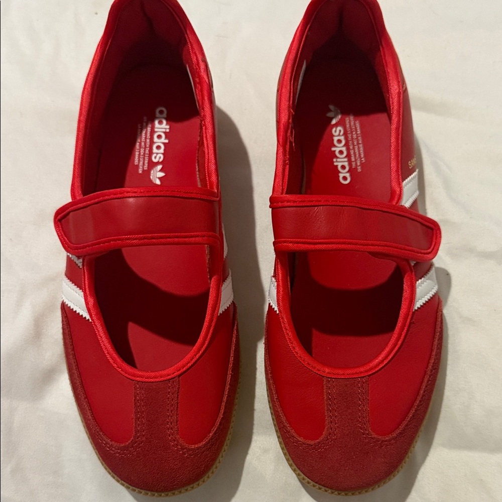 adidas Women Red Mary-Jane Sneakers with White Stripes